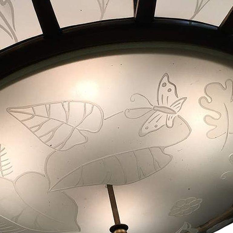 Lampadario modernista tropicale a lamelle di vetro acidato in bronzo in vendita 2