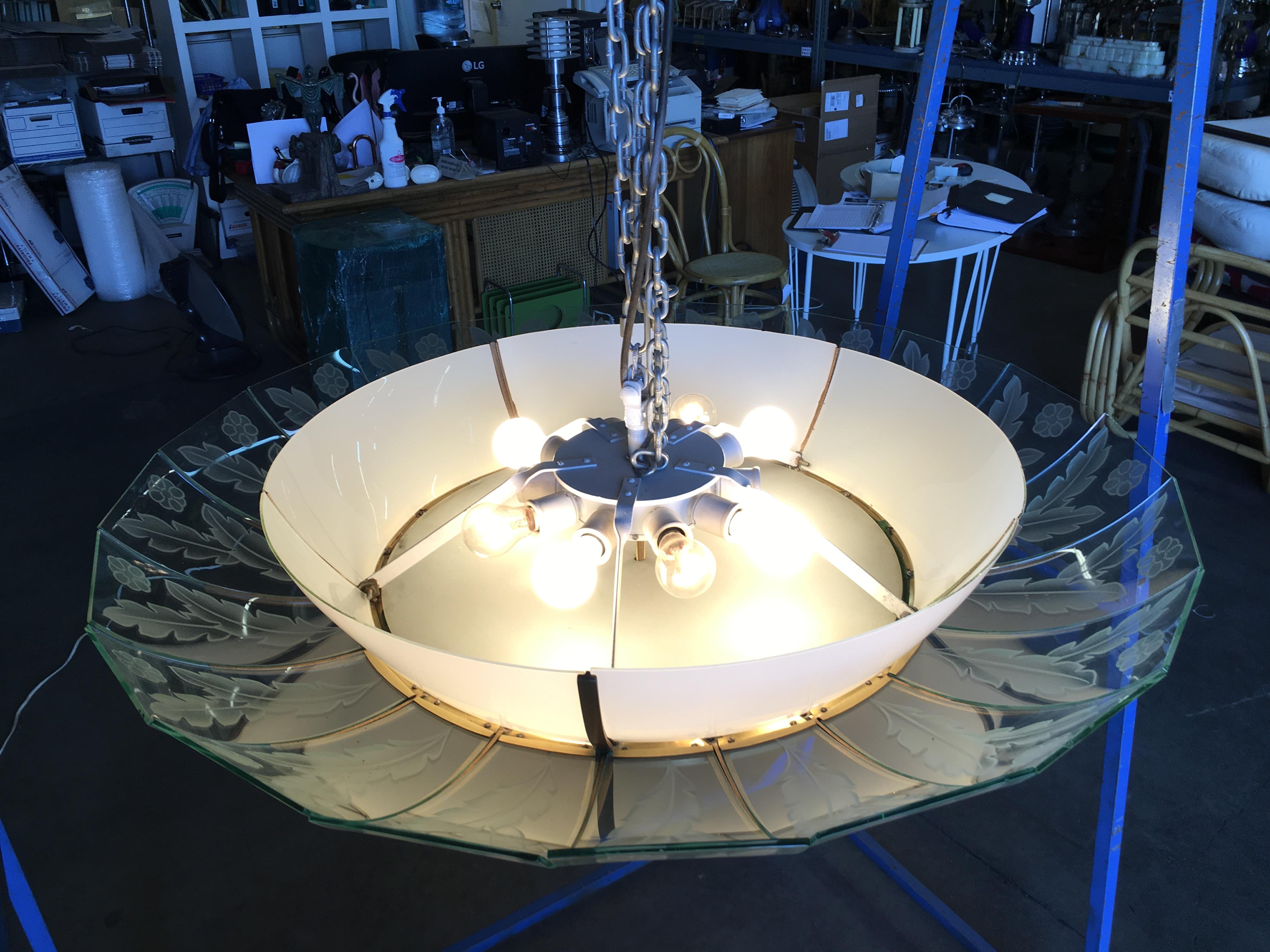 American Modernist Tropical Etched Slat Glass Bowl Bronze Chandelier For Sale