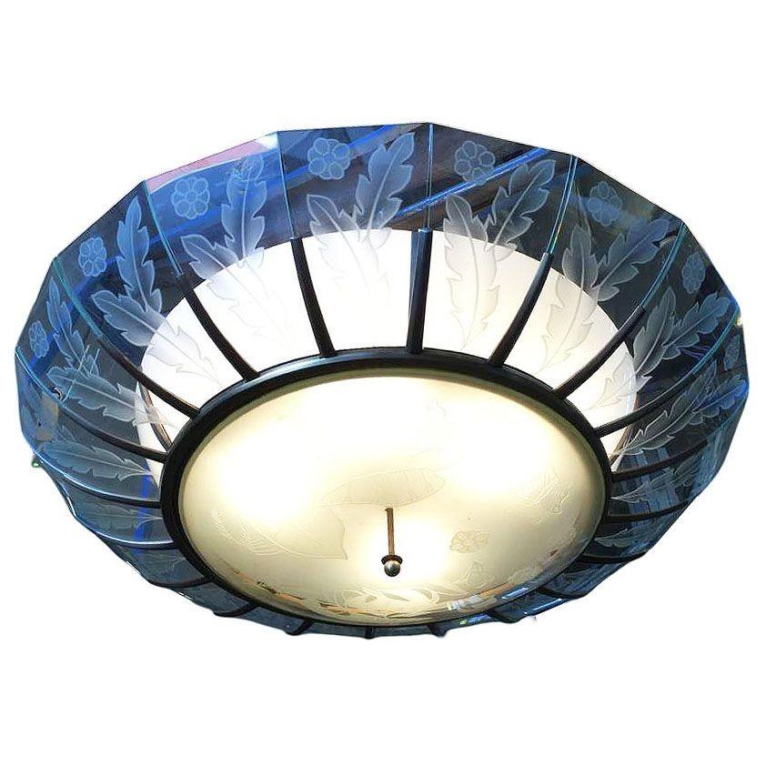 Streamlined Moderno Lampadario modernista tropicale a lamelle di vetro acidato in bronzo in vendita