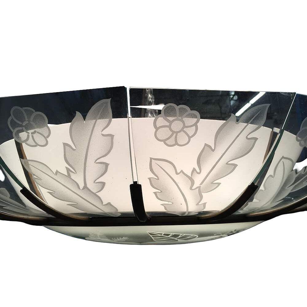 Metà XX secolo Lampadario modernista tropicale a lamelle di vetro acidato in bronzo in vendita