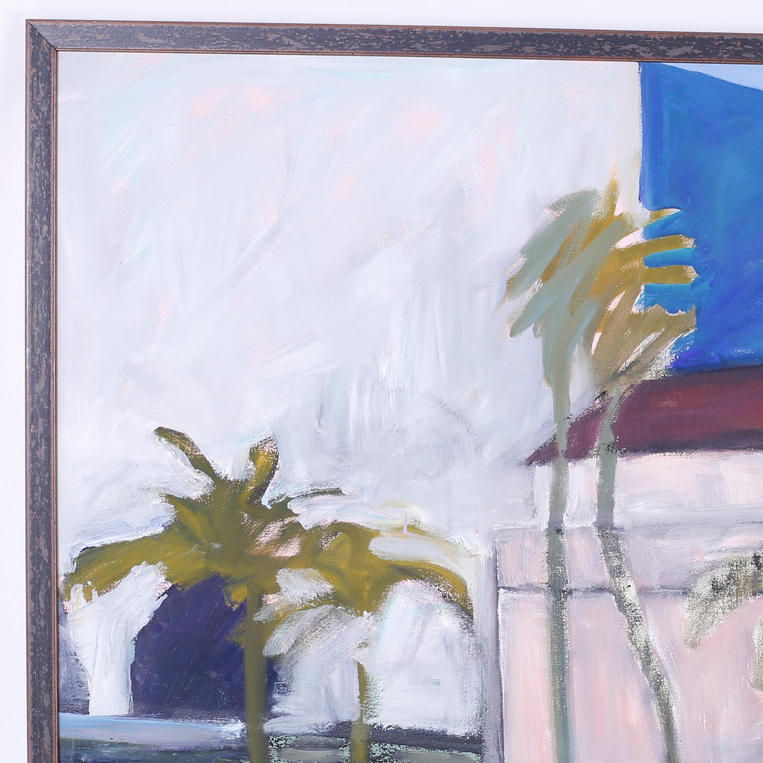 Mid-Century Modernist oil painting on canvas with a disciplined Minimalist style contrasting geometric forms with organic blowing palm trees and reflective pond.