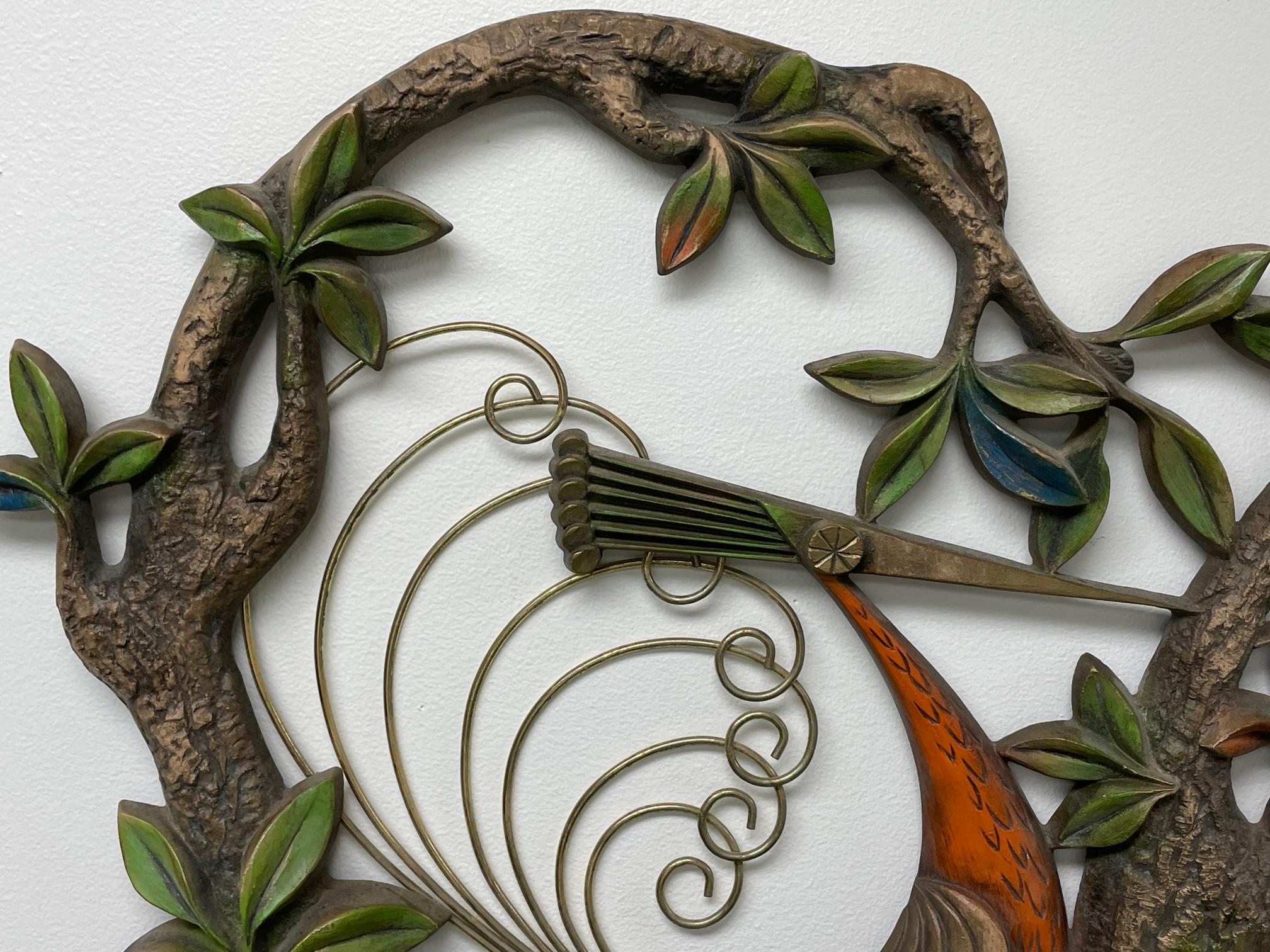 Hollywood Regency Modernist Tropical Peacock Bird Tree Wall Sculpture For Sale