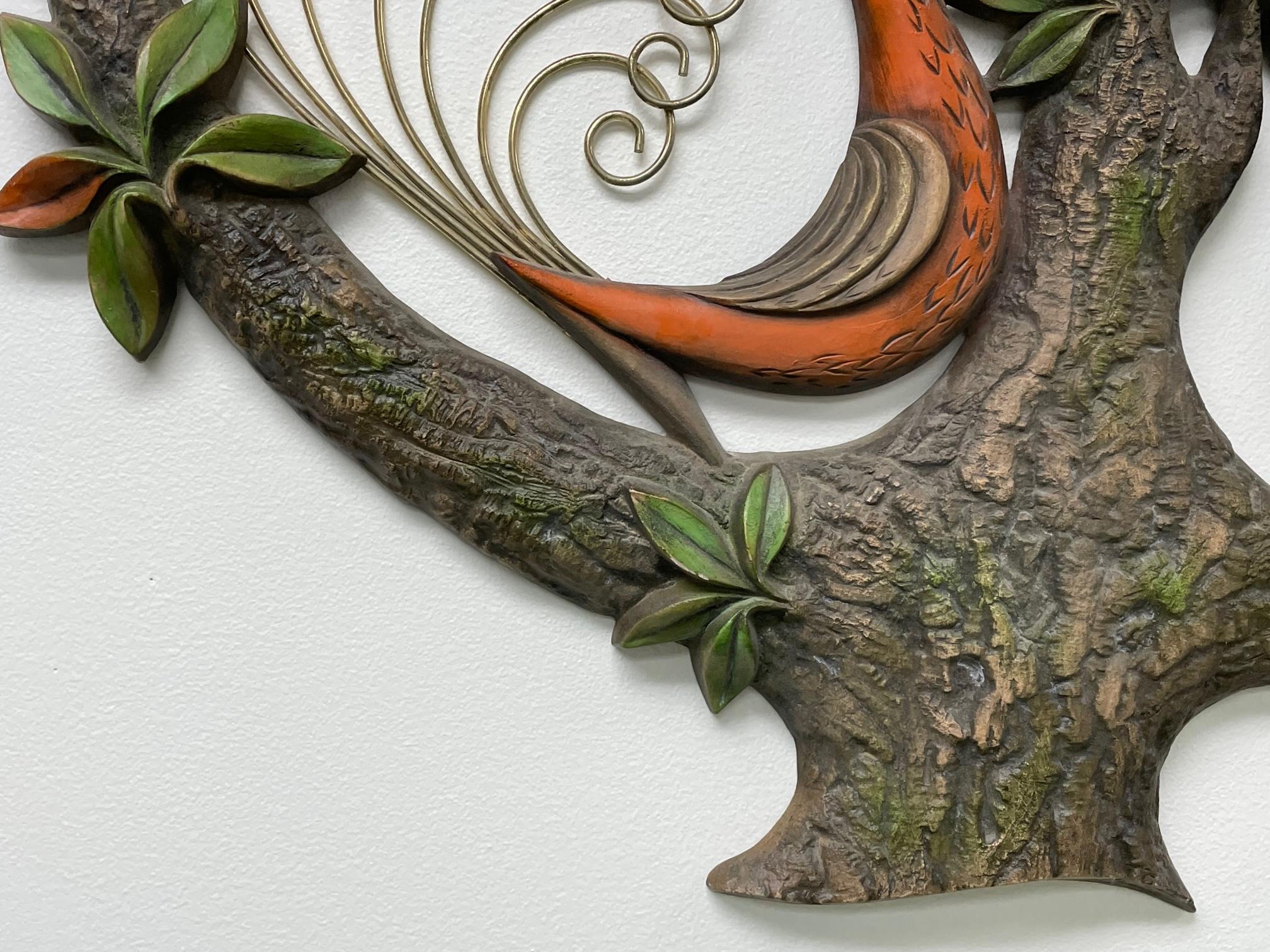 20th Century Modernist Tropical Peacock Bird Tree Wall Sculpture For Sale