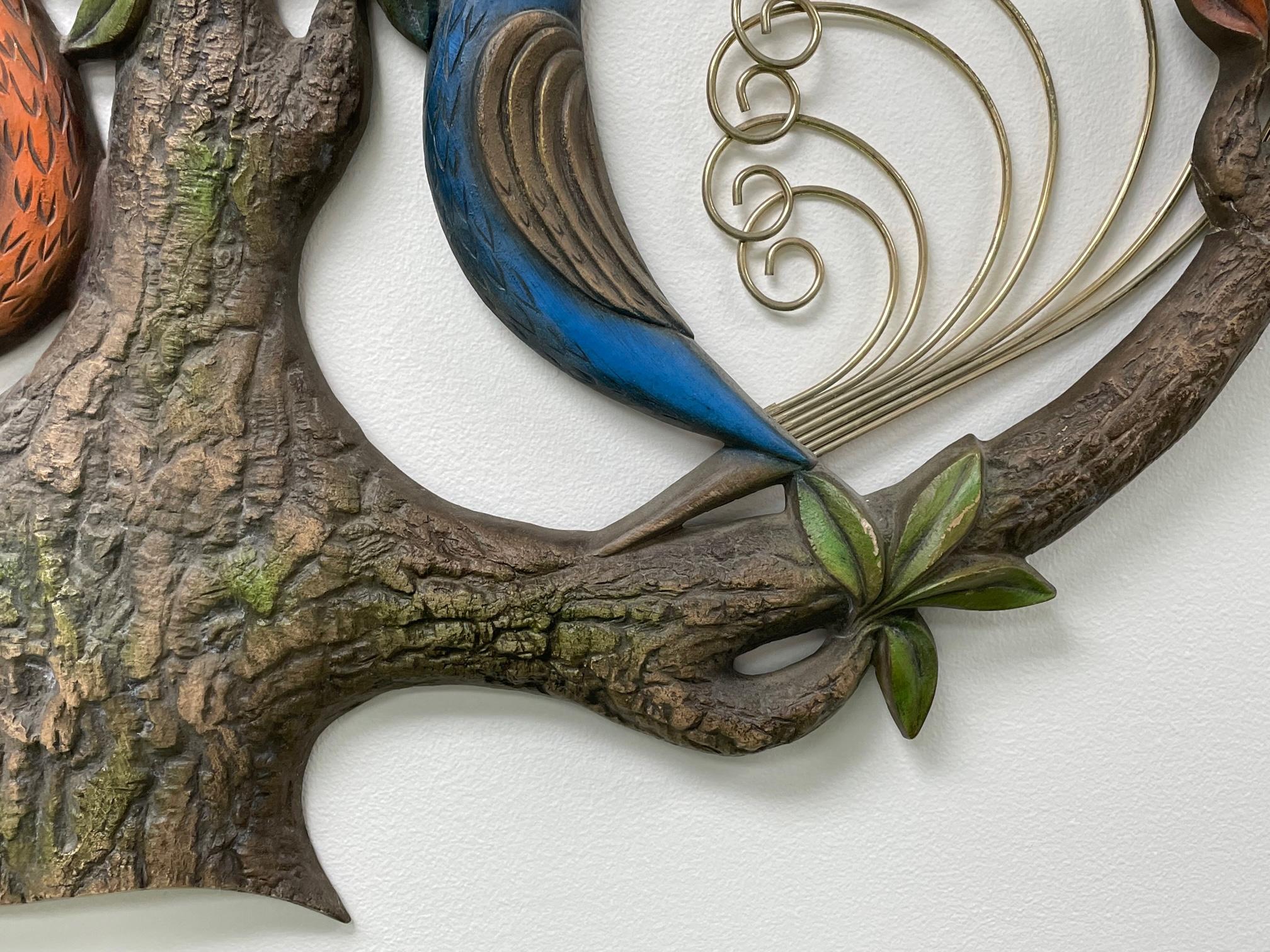 Resin Modernist Tropical Peacock Bird Tree Wall Sculpture For Sale