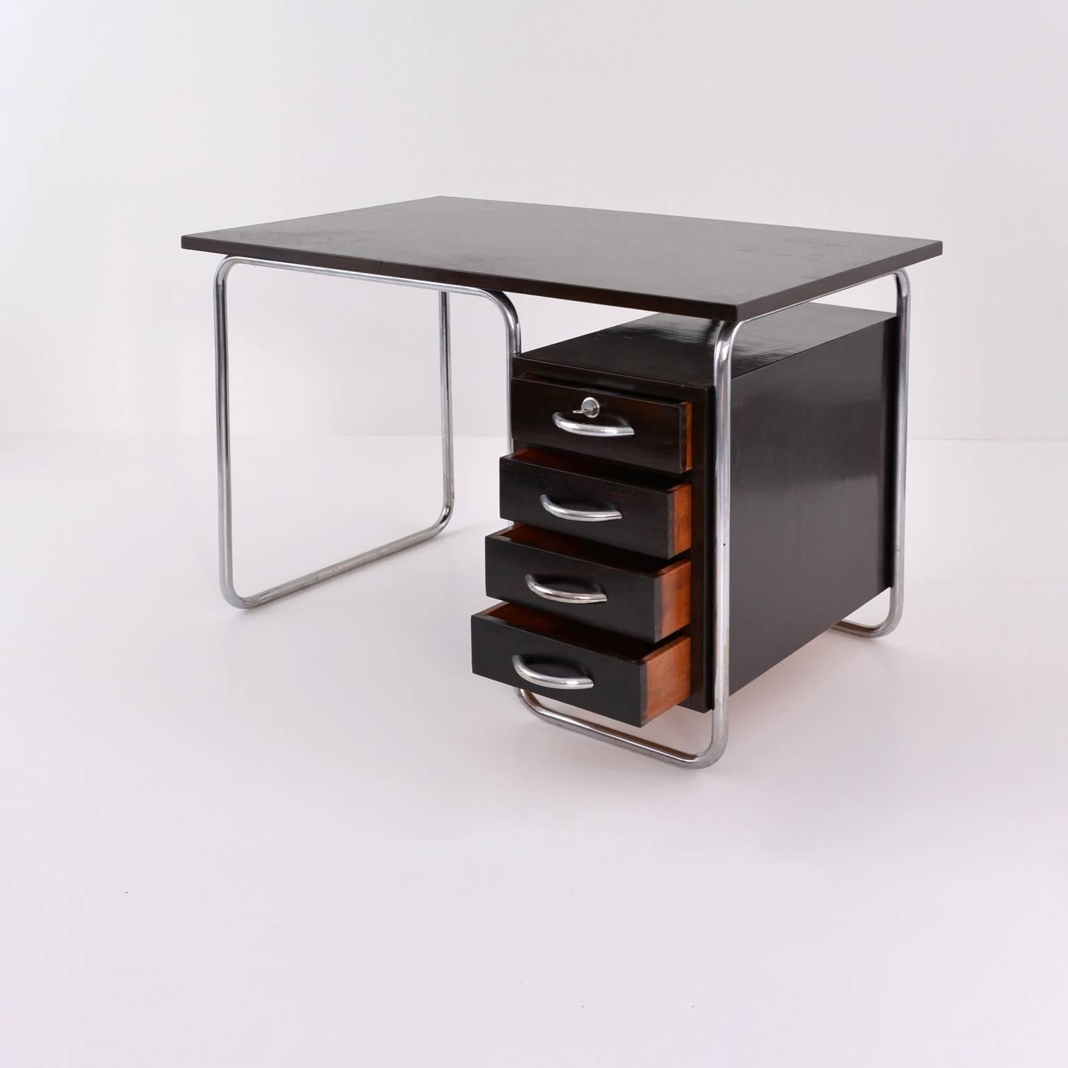 Czech Modernist Tubular Steel and Stained Wood Desk by Rudolf Vichr, Prague, 1930