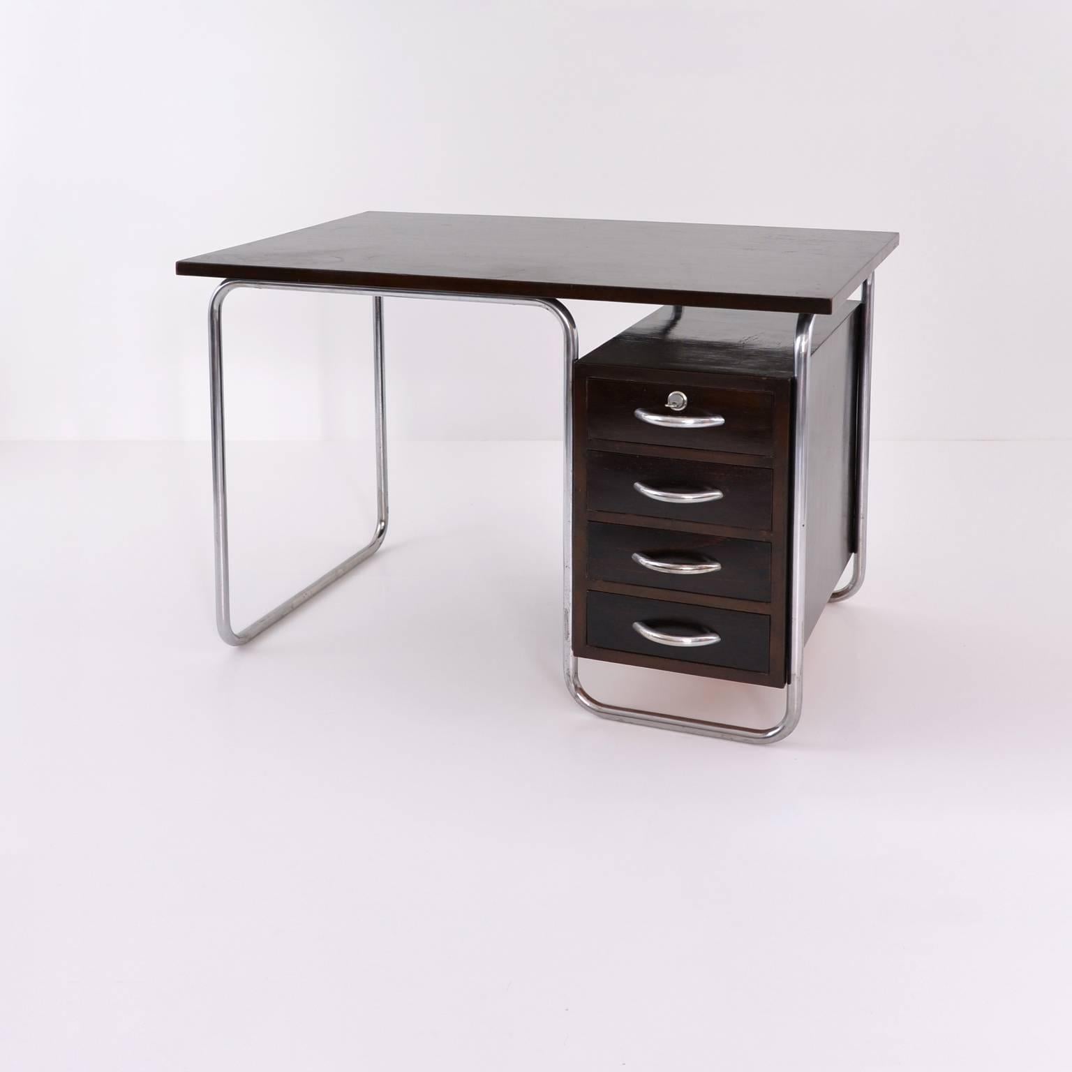 Plated Modernist Tubular Steel and Stained Wood Desk by Rudolf Vichr, Prague, 1930