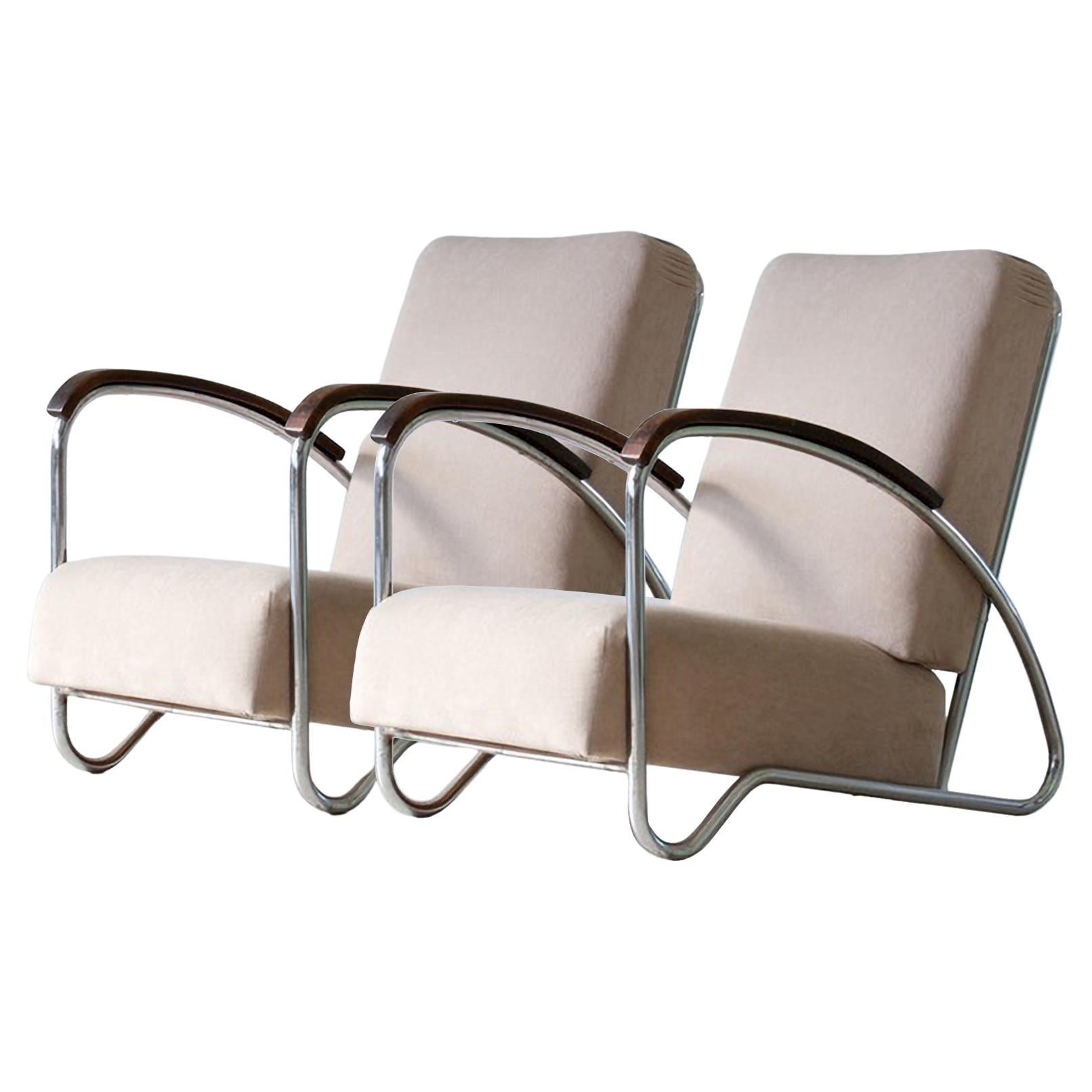 Modernist Tubular Steel Armchairs, Can Be Covered In Fabric Or Leather, c 1930 For Sale