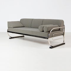 Modernist Tubular Steel Couch/ Daybed, Chromed Metal, Fabric Upholstery, c. 1930