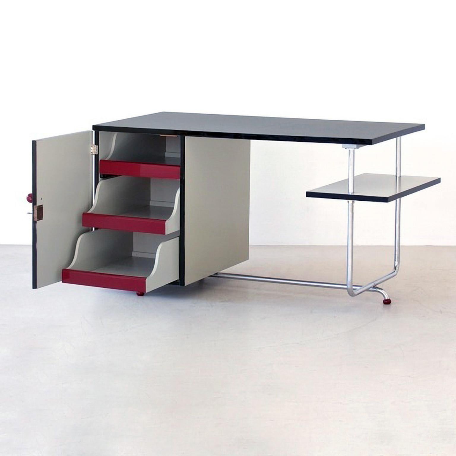 Painted Modernist Tubular Steel Desk by Jindrich Halabala, Chromed Metal, Lacquered Wood For Sale