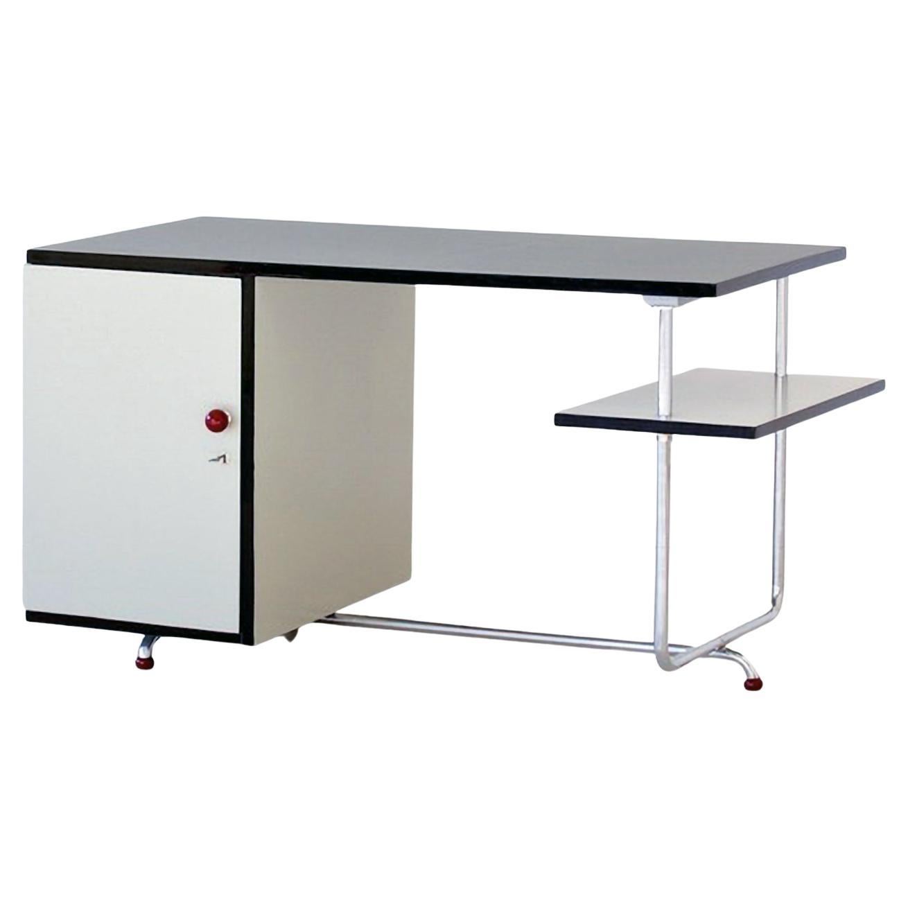 Modernist Tubular Steel Desk by Jindrich Halabala, Chromed Metal, Lacquered Wood For Sale