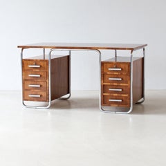 Modernist Tubular Steel Desk, Chrome Plated Steel, Walnut Veneer, ca. 1935