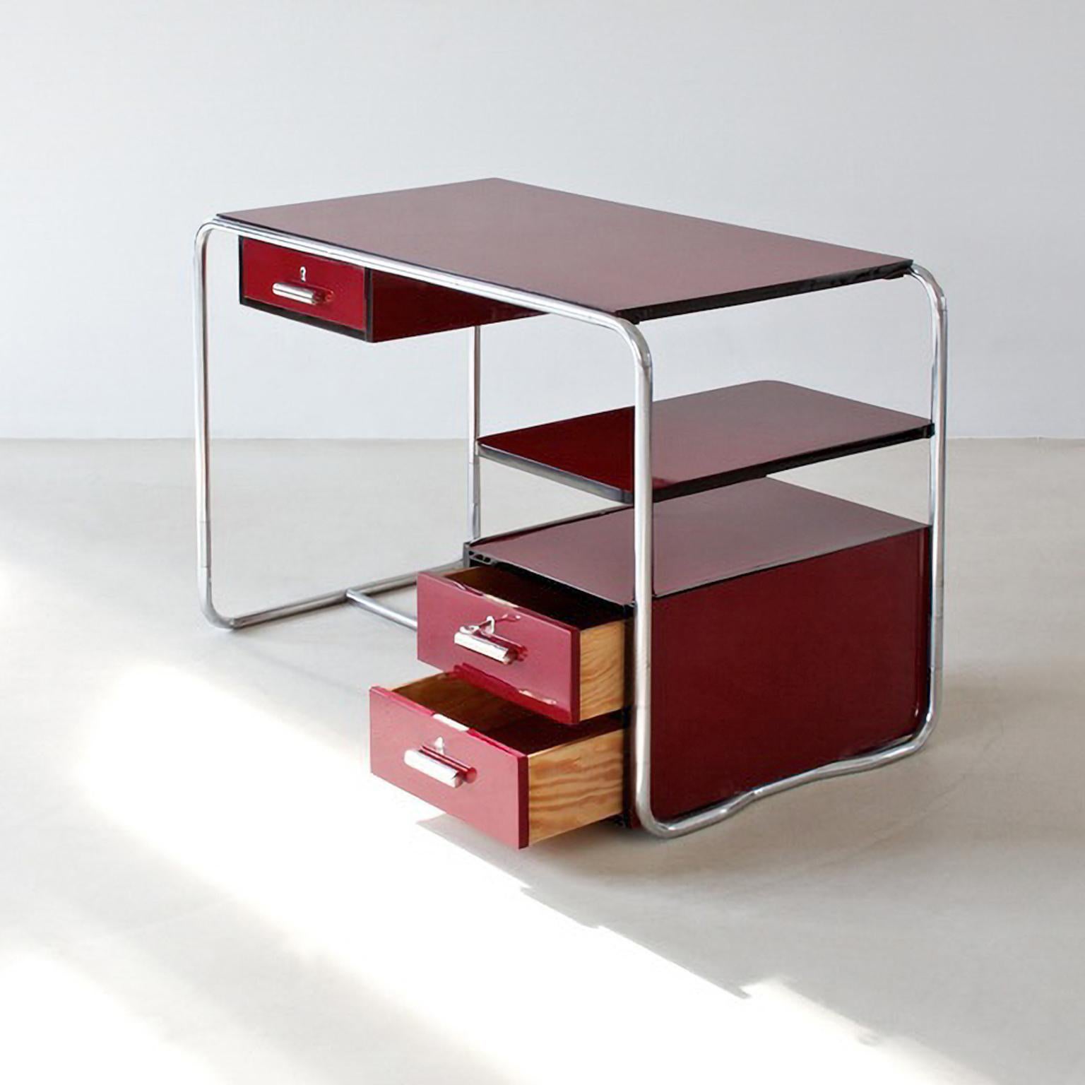 Contemporary Modernist Tubular Steel Desk, Glossy Lacquered Wood, Plated Metal, Customizable For Sale
