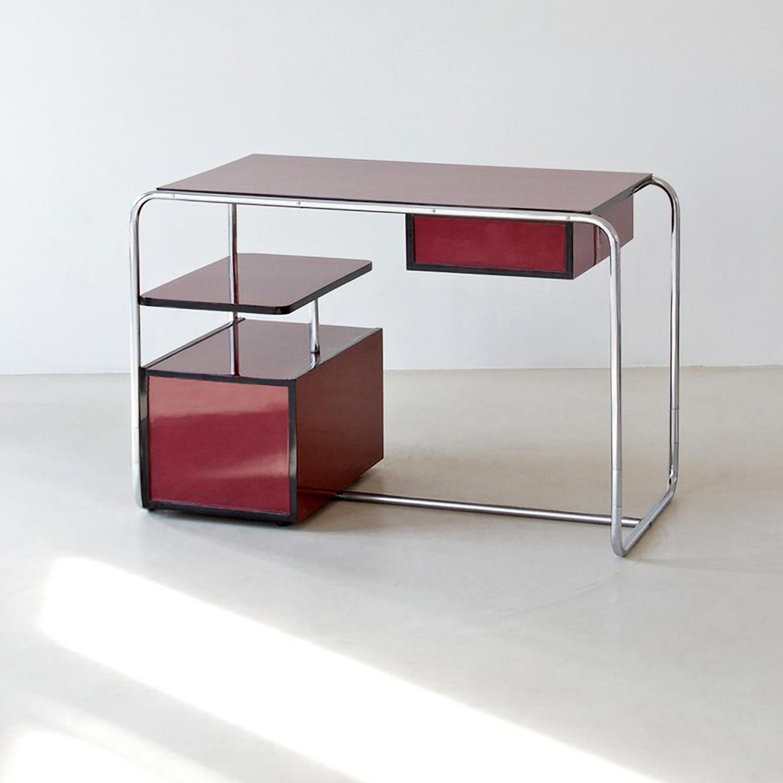 Modernist Tubular Steel Desk, Glossy Lacquered Wood, Plated Metal, Customizable For Sale 1