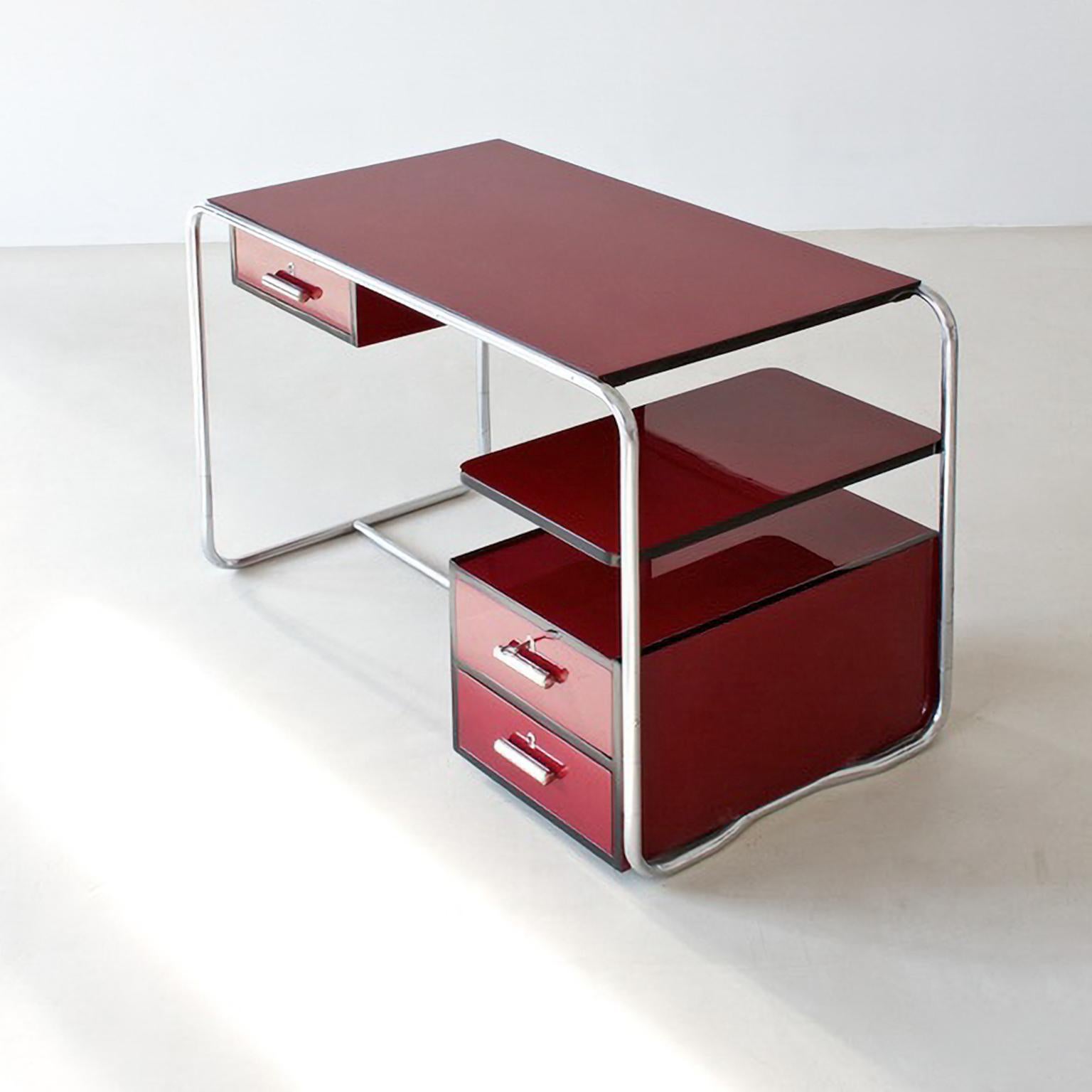 Modernist Tubular Steel Desk, Glossy Lacquered Wood, Plated Metal, Customizable For Sale 2