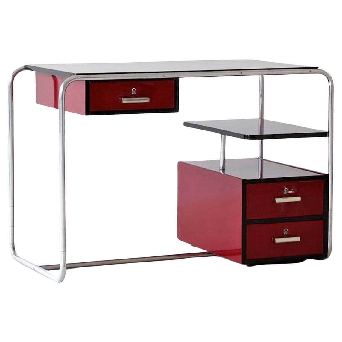 Modernist Tubular Steel Desk, Glossy Lacquered Wood, Plated Metal, Customizable For Sale