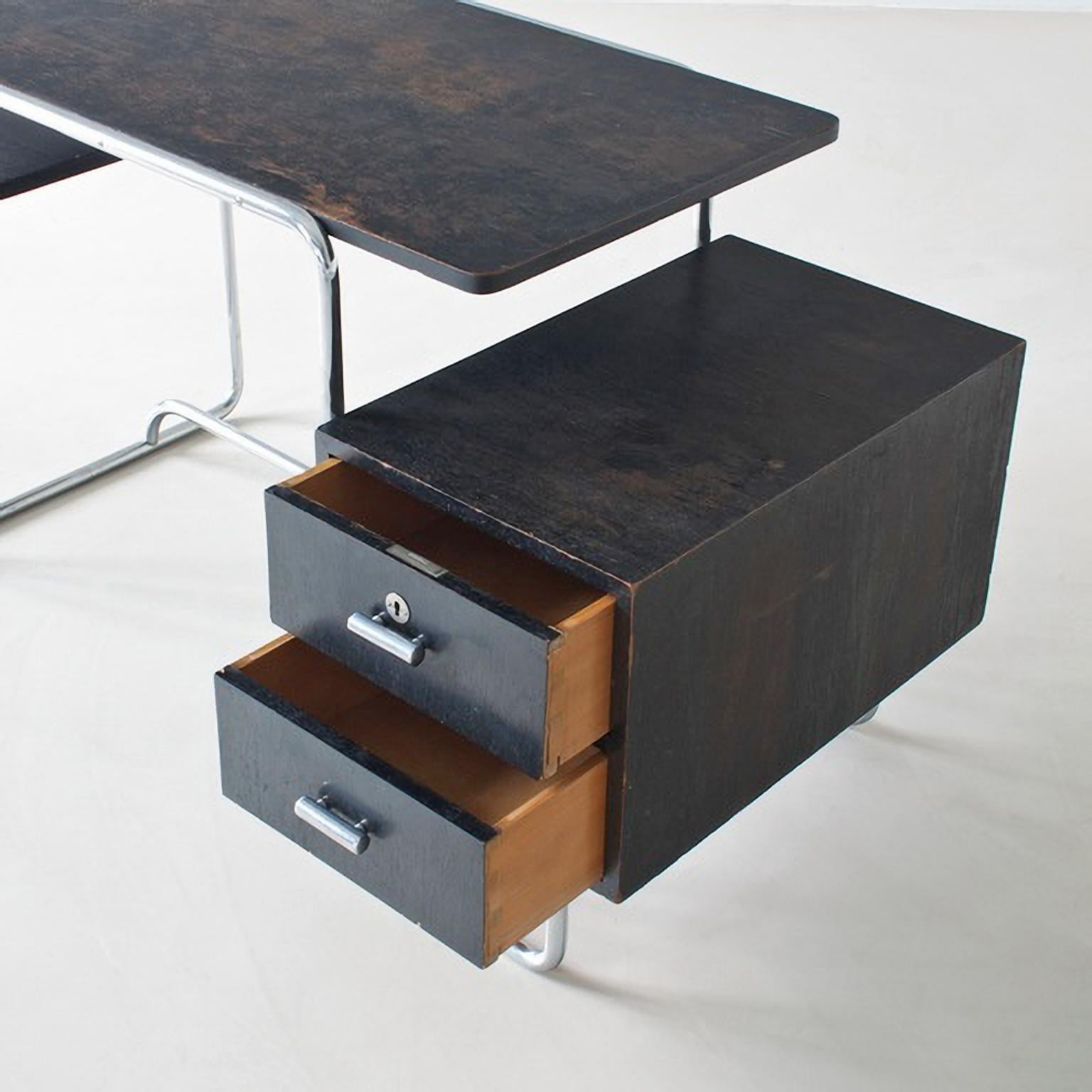 Contemporary Modernist Tubular Steel Desk, Stained Wood, Chromium Plated Metall, c. 1930 For Sale