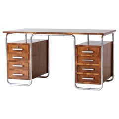 Modernist Tubular Steel Desk, Walnut Veneer, Chromium Plated Metall, circa 1935