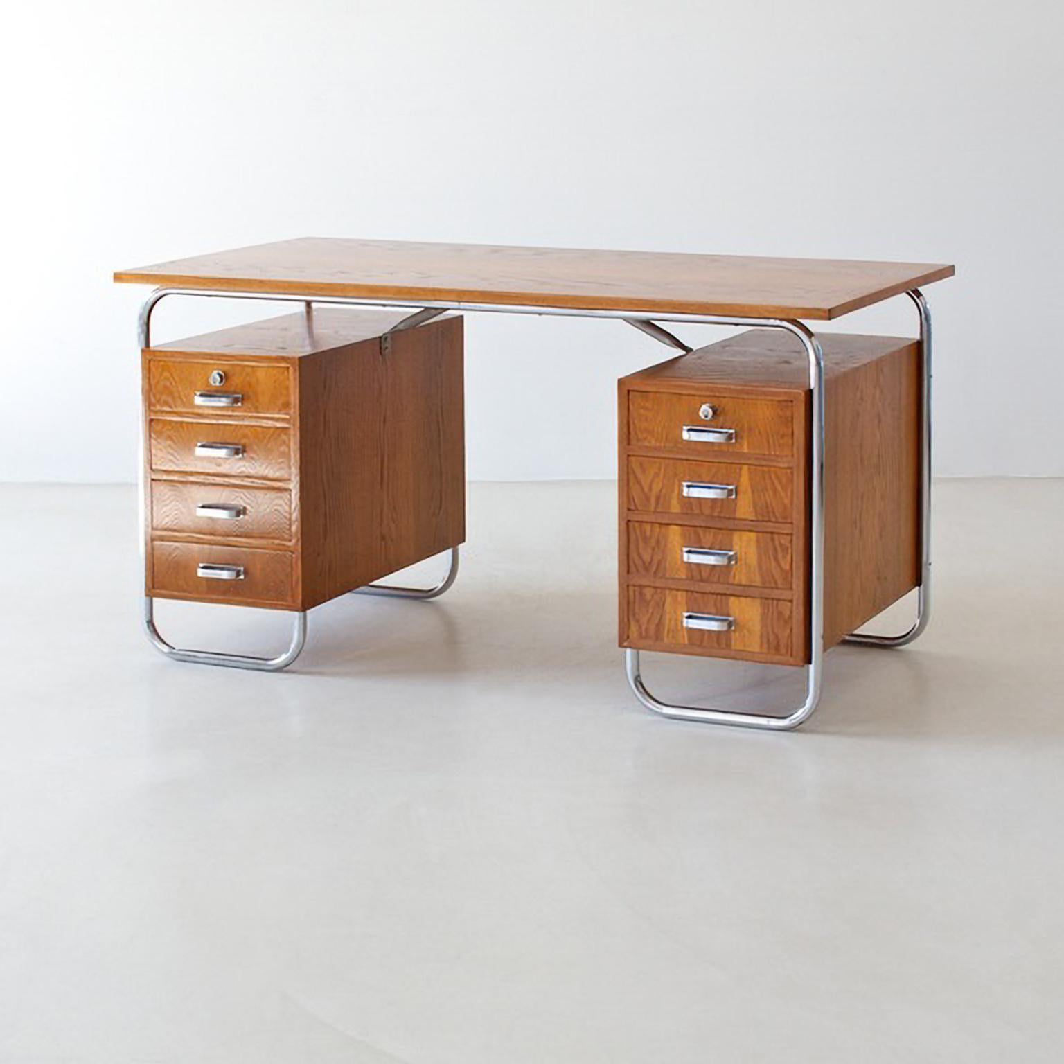 Czech Modernist Tubular Steel Desk with 2 Chests of Drawers, Chromed Metal, Oak Veneer For Sale
