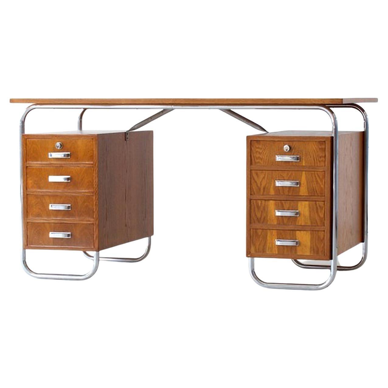 Modernistischer Schreibtisch aus Stahlrohr mit 2 Schubladen, verchromtes Metall, Eichenholzfurnier