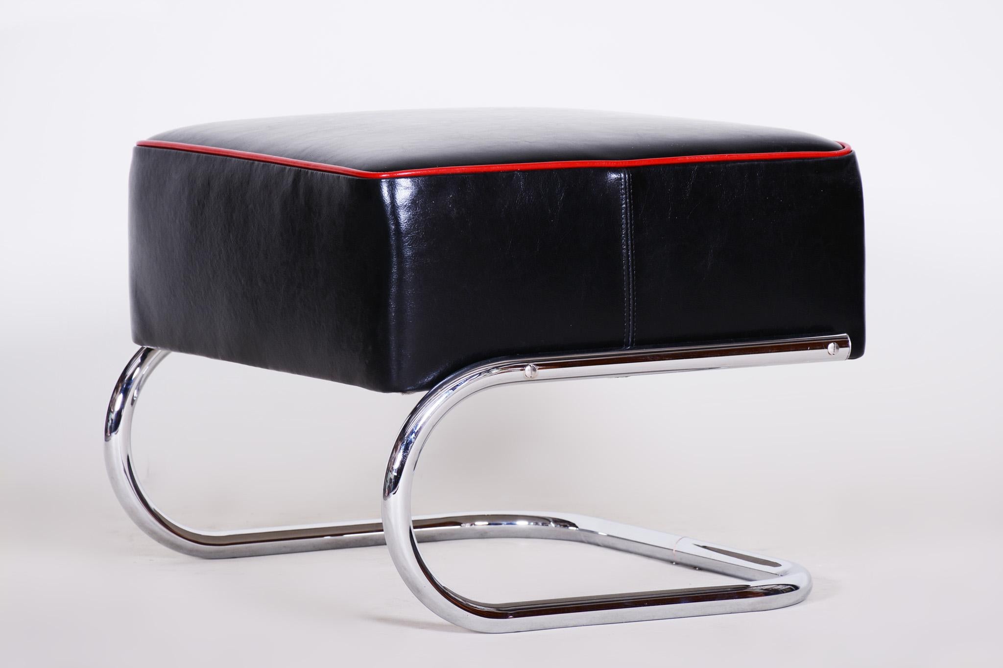 Bauhaus Modernist Tubular Stool, Black Leather, Chrome-Plated Steel, Slezák, 1930s