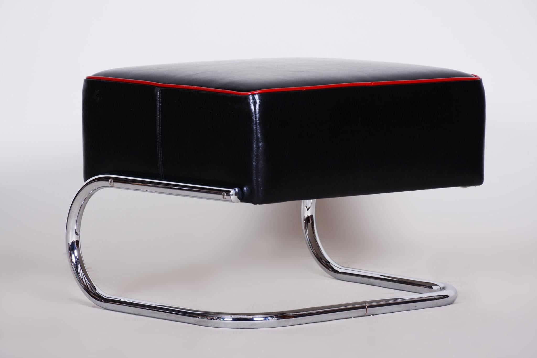 Modernist Tubular Stool, Black Leather, Chrome-Plated Steel, Slezák, 1930s 1