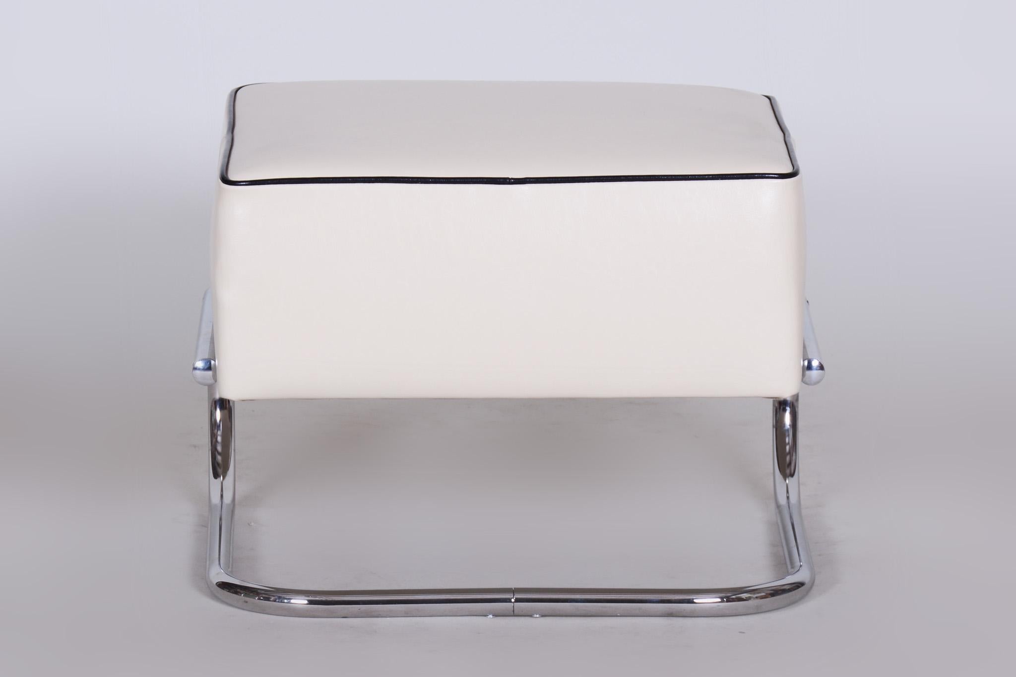 Modernistischer Röhrenhocker, elfenbeinfarbenes Leder, verchromter Stahl, Slezák, 1930er Jahre im Angebot 3