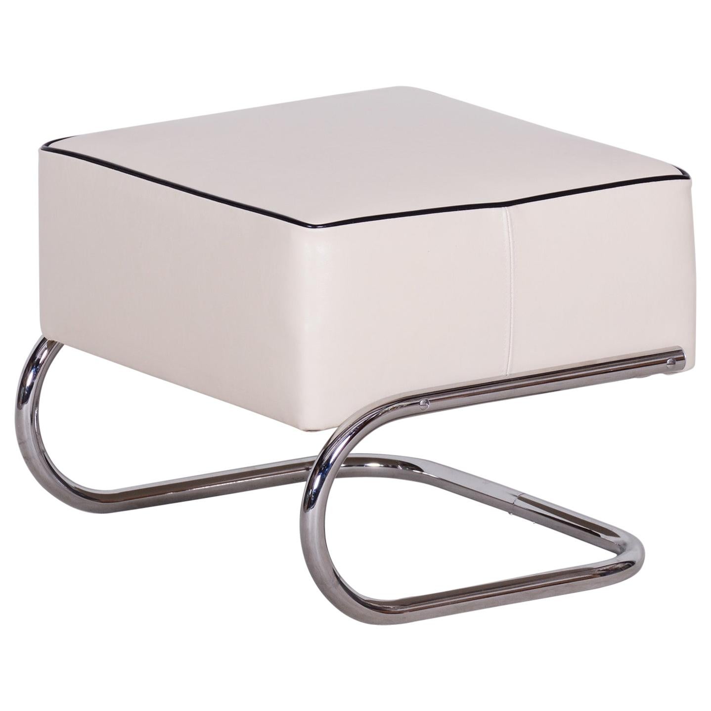 Modernist Tubular Stool, Ivory Leather, Chrome-Plated Steel, Slezák, 1930s For Sale