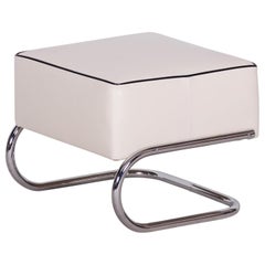 Antique Modernist Tubular Stool, Ivory Leather, Chrome-Plated Steel, Slezák, 1930s