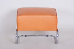 Modernist Tubular Stool, Orange Leather, Chrome-Plated Steel, Slezák, 1930s