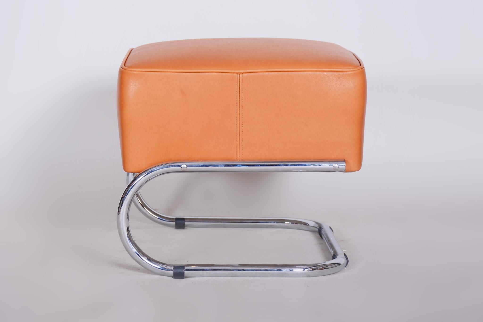 Czech Modernist Tubular Stool, Orange Leather, Chrome-Plated Steel, Slezák, 1930s For Sale