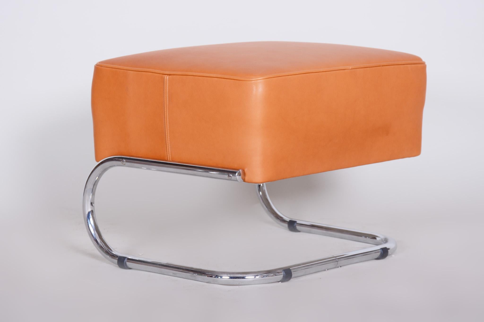 Modernist Tubular Stool, Orange Leather, Chrome-Plated Steel, Slezák, 1930s In Good Condition For Sale In Horomerice, CZ