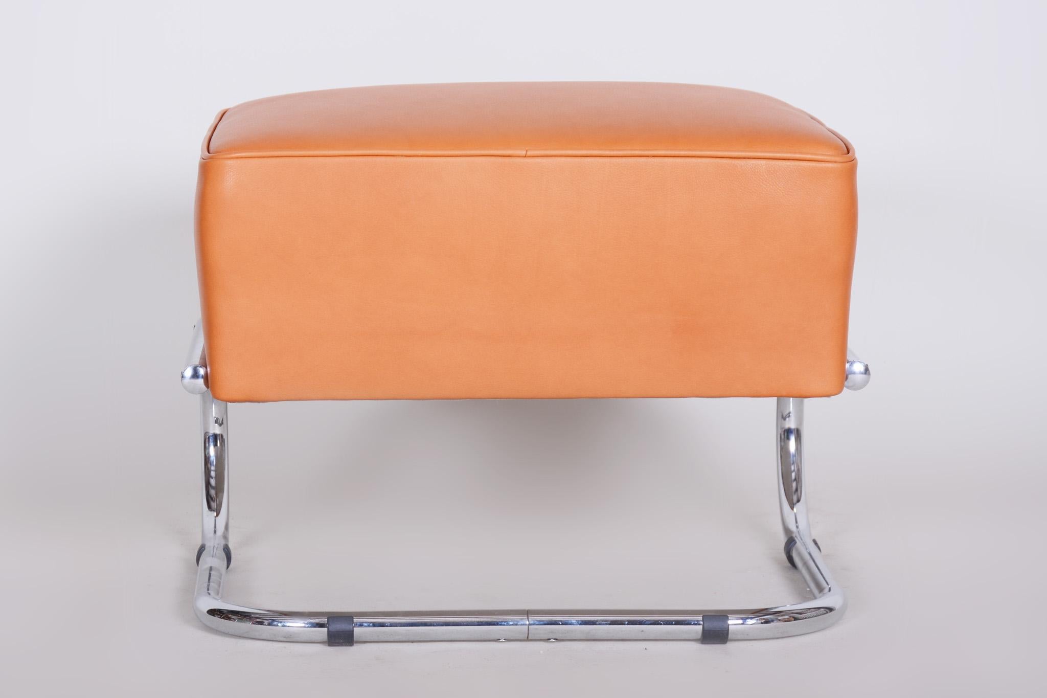 20th Century Modernist Tubular Stool, Orange Leather, Chrome-Plated Steel, Slezák, 1930s For Sale
