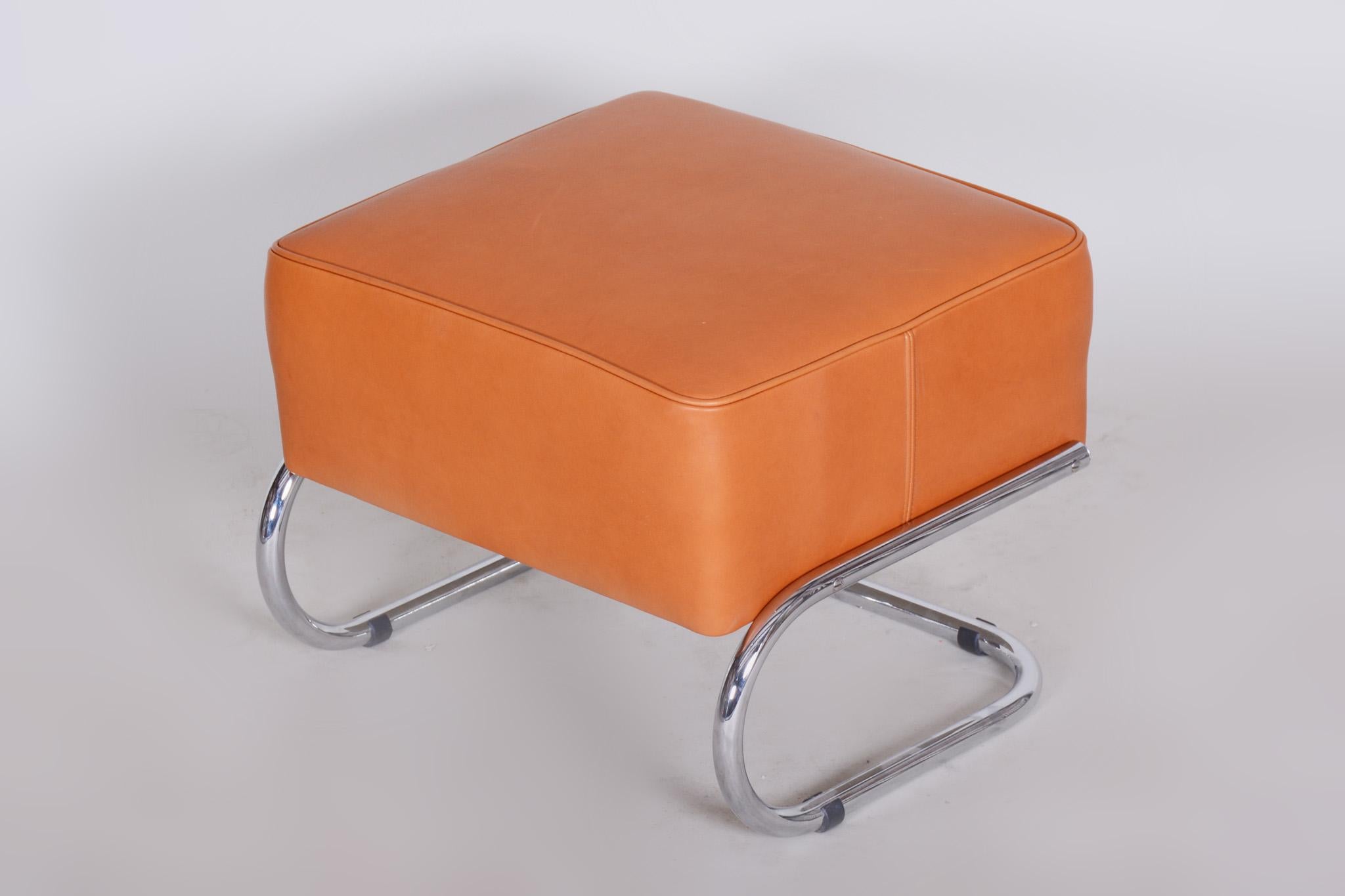 Modernist Tubular Stool, Orange Leather, Chrome-Plated Steel, Slezák, 1930s For Sale 1