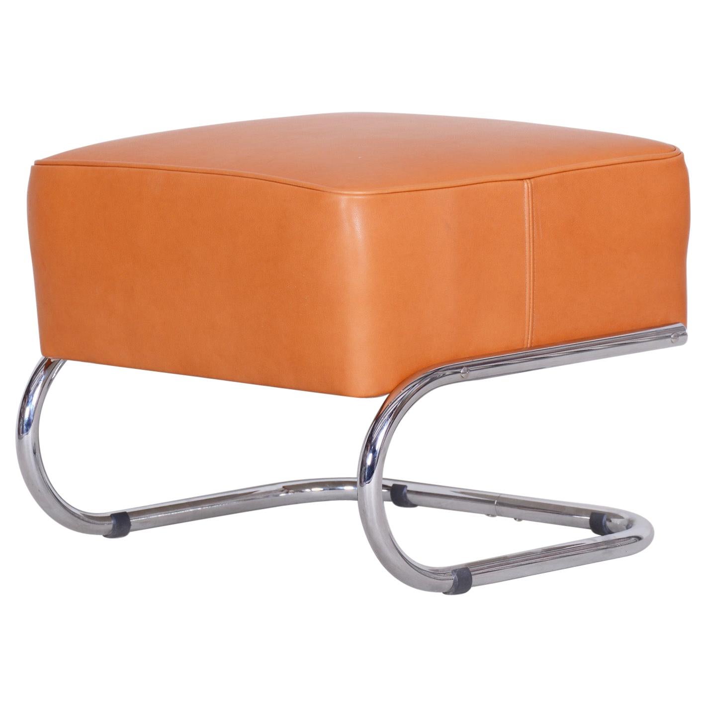 Tabouret tubulaire moderniste:: cuir orange:: acier chromé:: Slezák:: années 1930