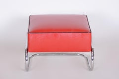 Modernist Tubular Stool, Red Leather, Chrome-Plated Steel, Slezák, 1930s
