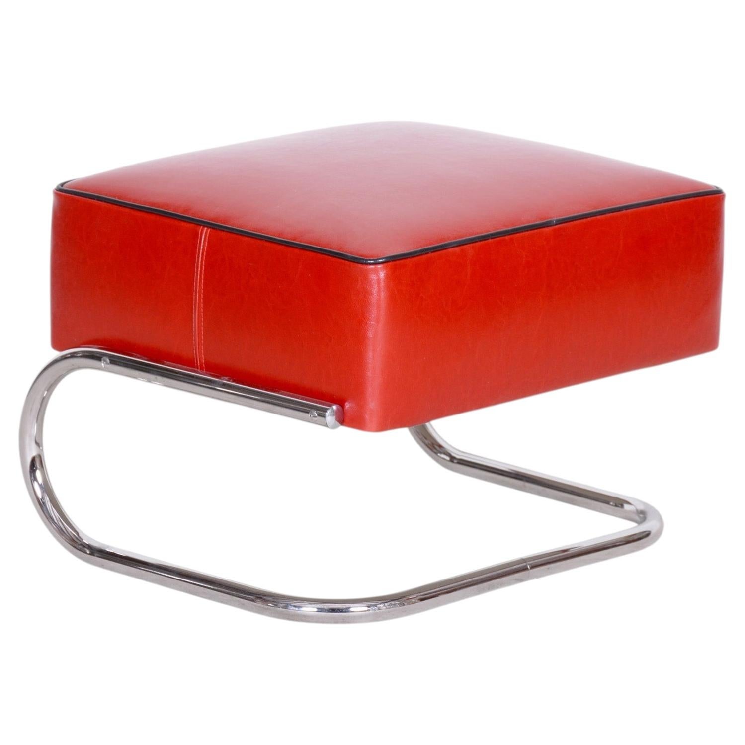 Modernist Tubular Stool, Red Leather, Chrome-Plated Steel, Slezák, 1930s