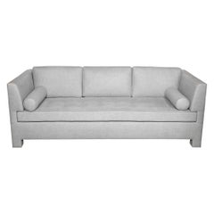 Modernist Tufted Sofa in Textural Dove Gray Wool Blend with Piping Detail