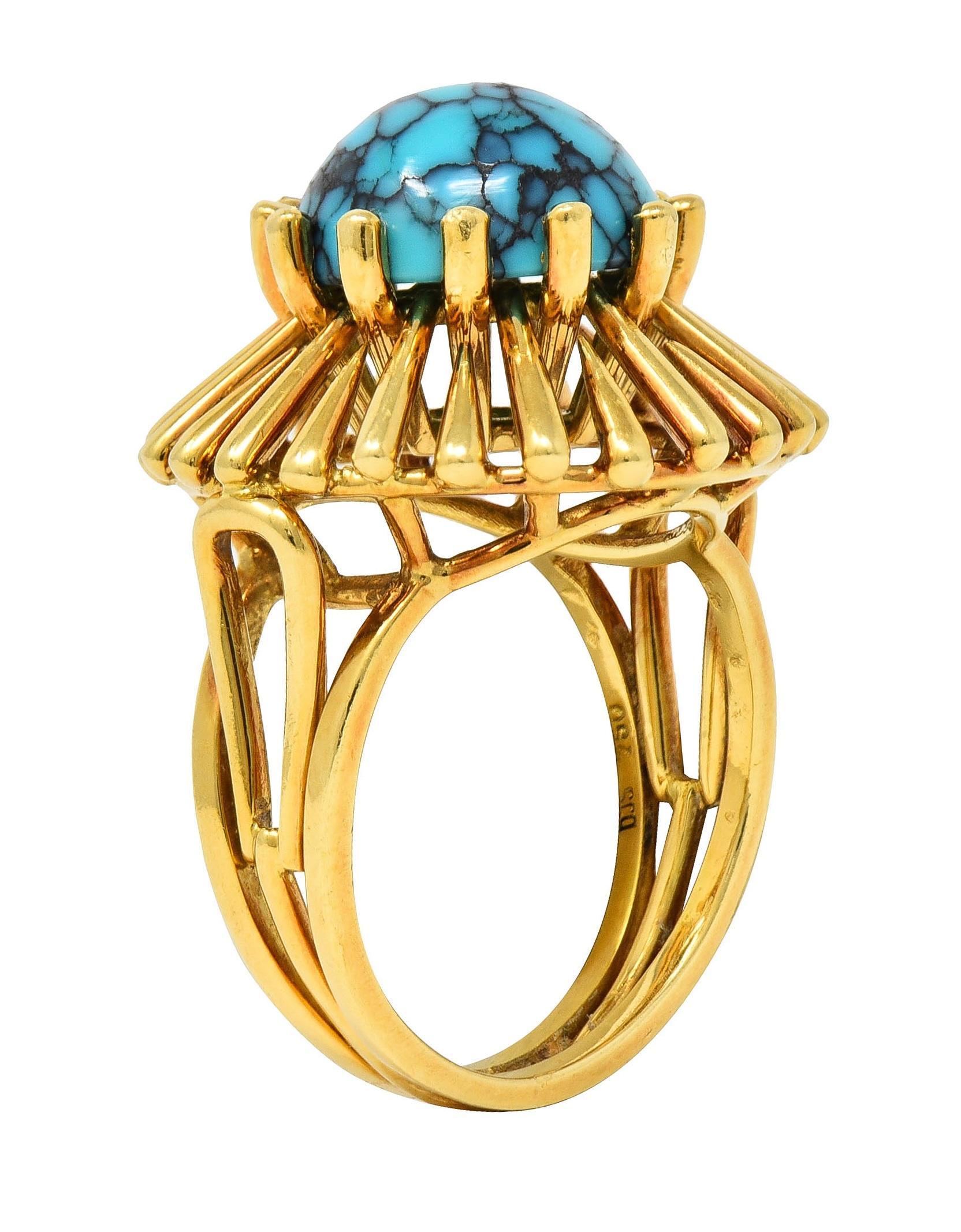 Round Cut Modernist Turquoise 18 Karat Yellow Gold Basket Vintage Cocktail Ring For Sale
