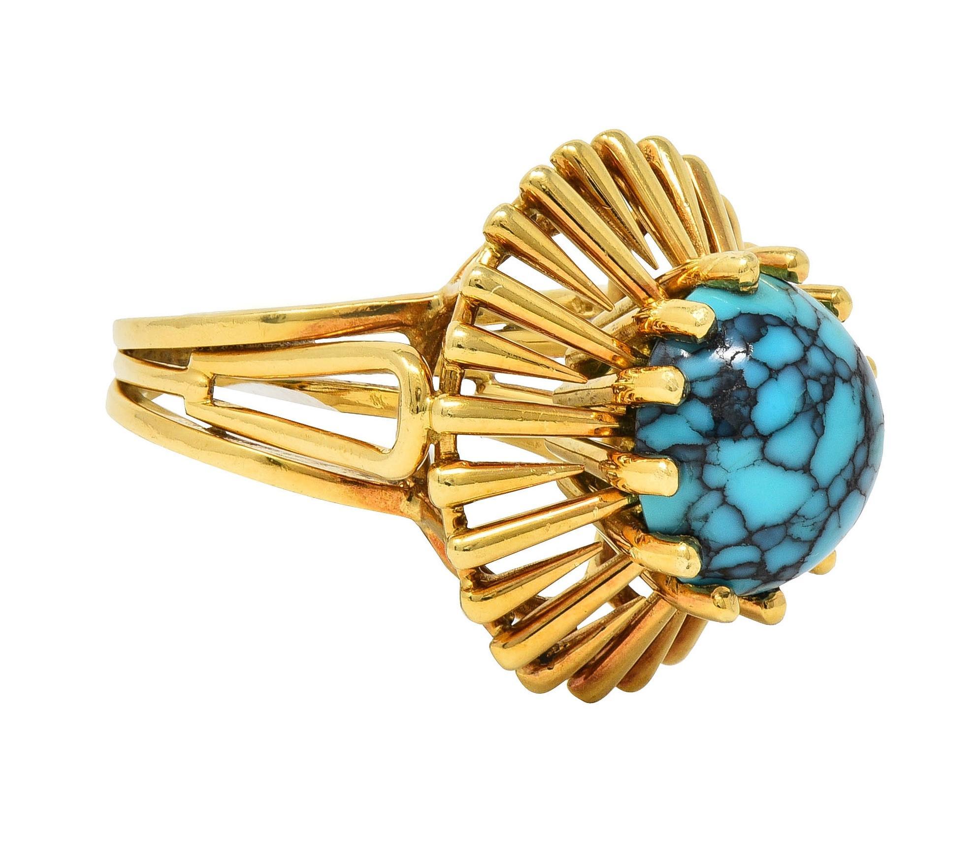 Modernist Turquoise 18 Karat Yellow Gold Basket Vintage Cocktail Ring In Excellent Condition For Sale In Philadelphia, PA