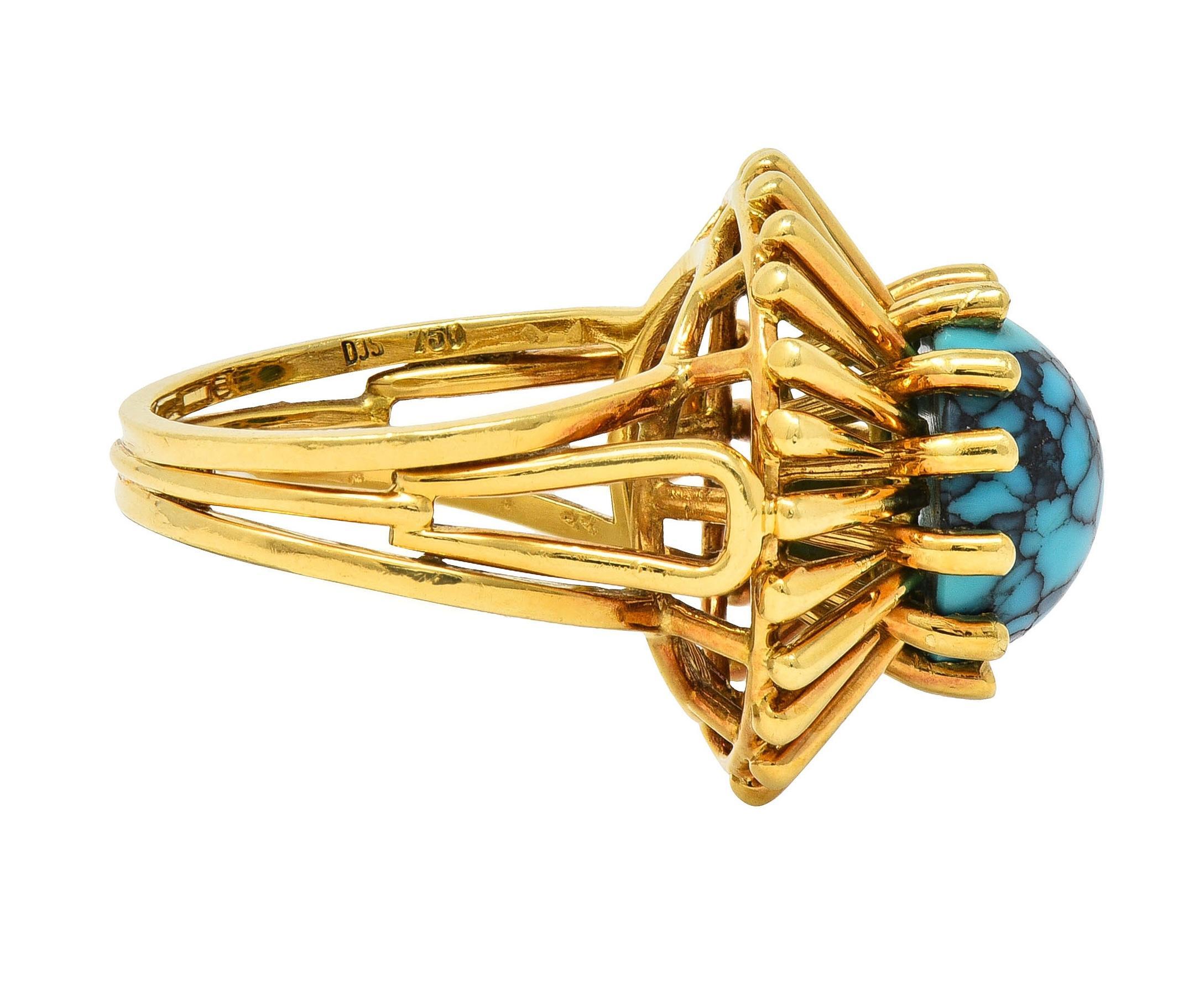 Women's or Men's Modernist Turquoise 18 Karat Yellow Gold Basket Vintage Cocktail Ring For Sale