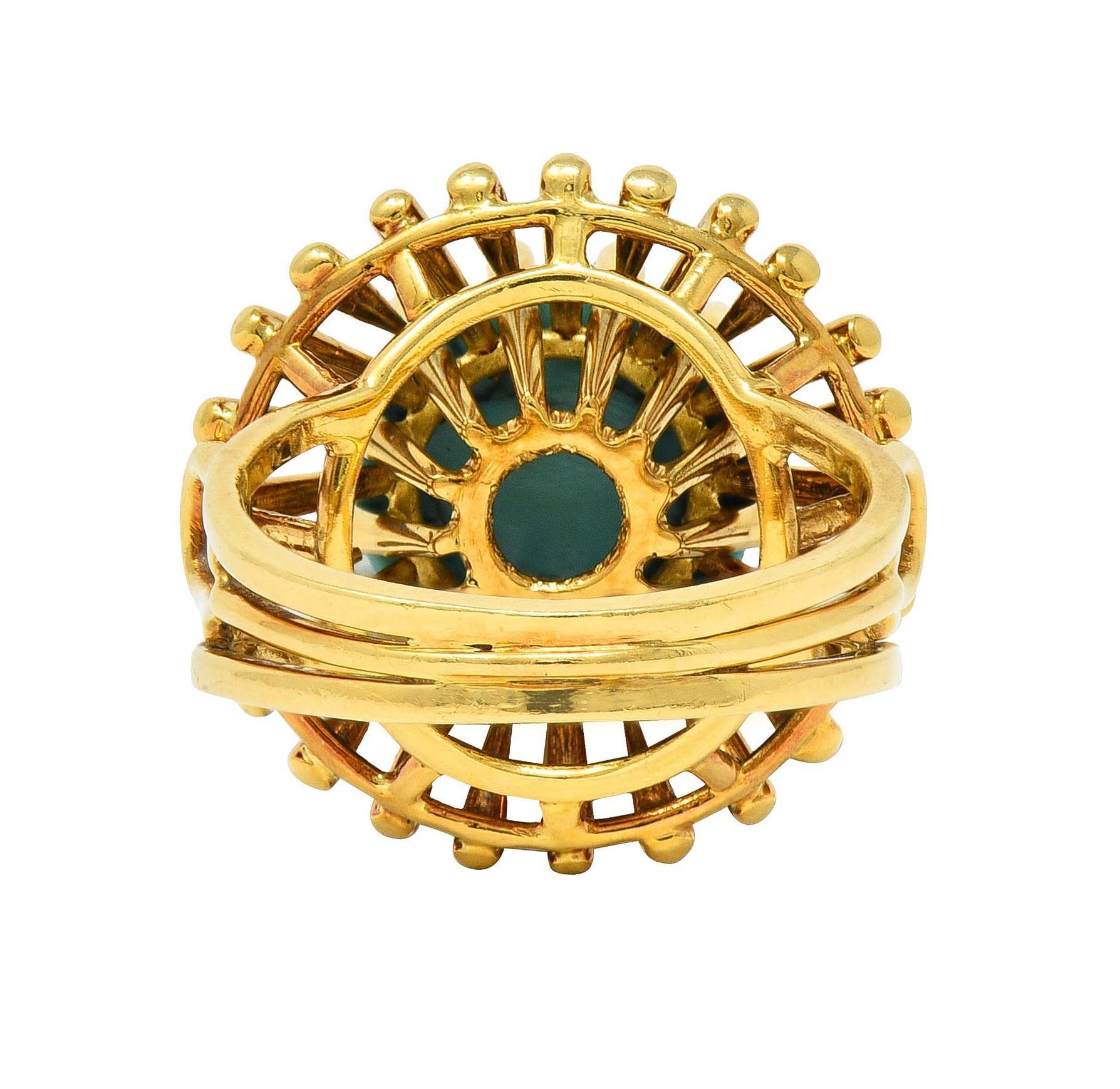 Modernist Turquoise 18 Karat Yellow Gold Basket Vintage Cocktail Ring For Sale 1