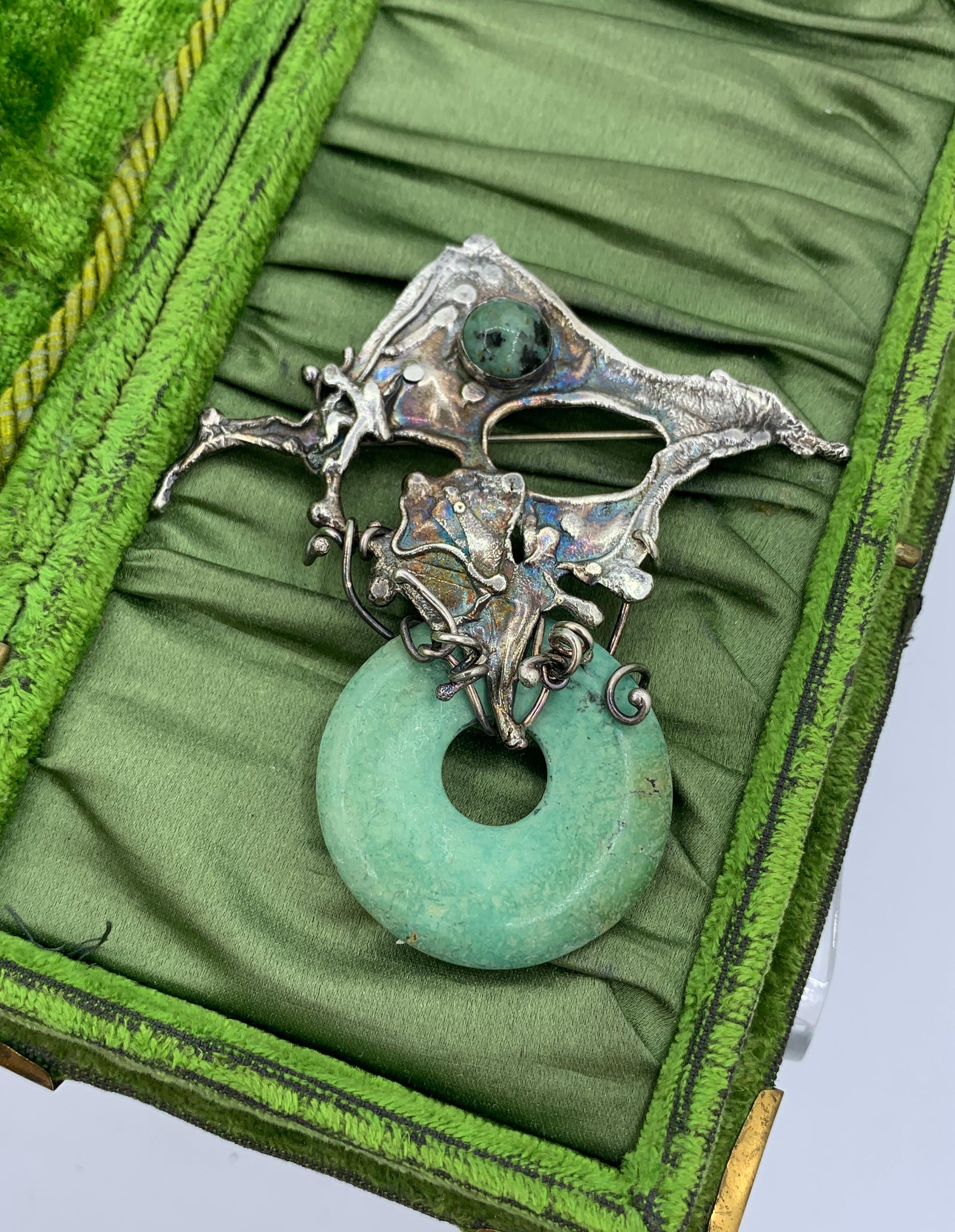 Women's or Men's Modernist Turquoise Brooch Pin Silver Brutalist Modern Art For Sale