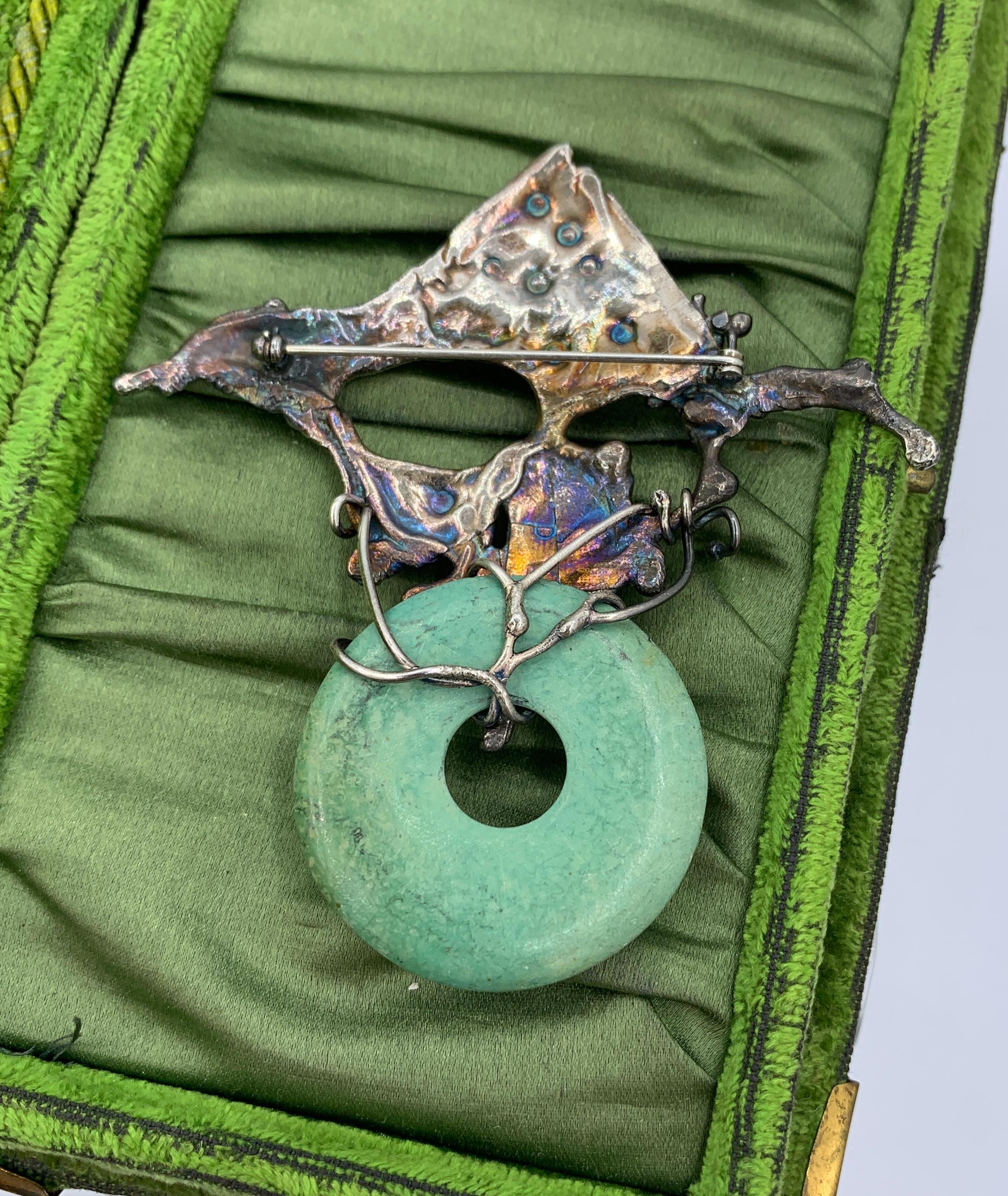 Modernist Turquoise Brooch Pin Silver Brutalist Modern Art For Sale 1
