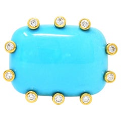 Modernist Turquoise Cabochon 0.30 Carats Diamond 18 Karat Gold Ring