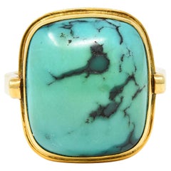 Modernist Turquoise Cabochon 14 Karat Yellow Gold Vintage Signet Ring