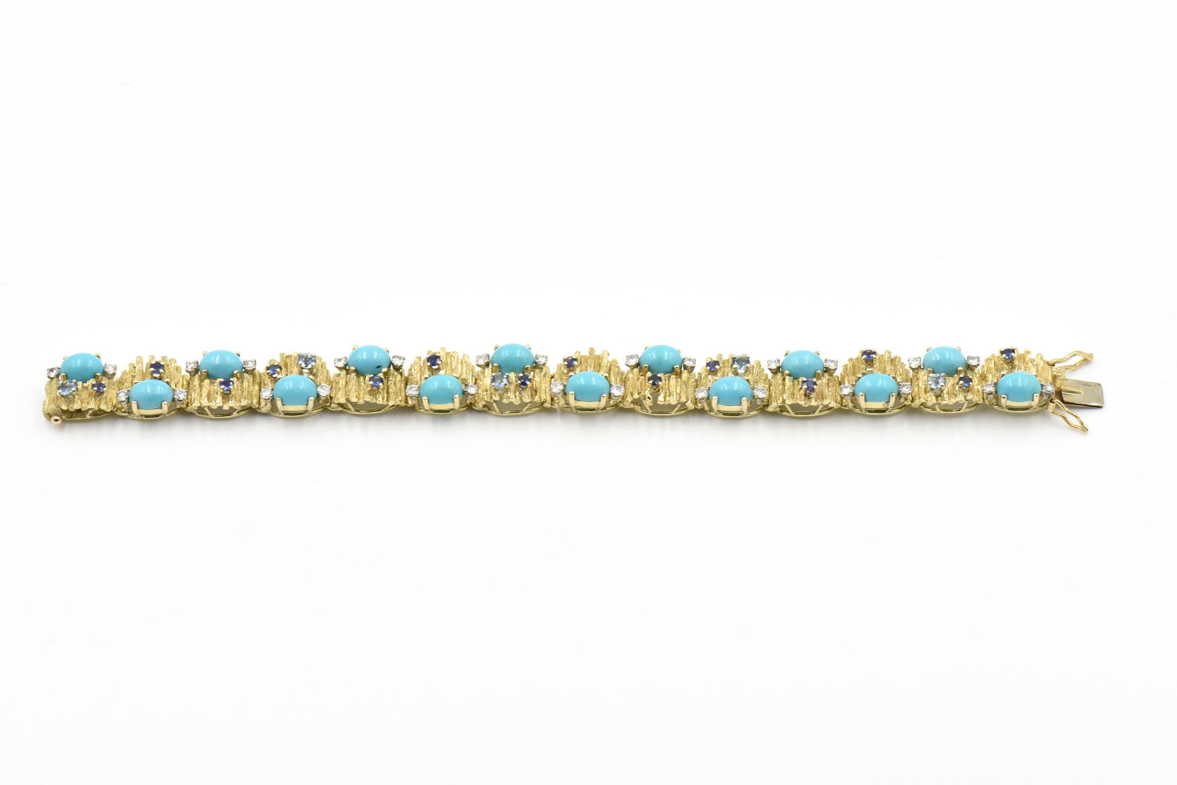 Modernist Turquoise, Sapphire, Diamond and Topaz Gold Bracelet In Excellent Condition In Miami Beach, FL