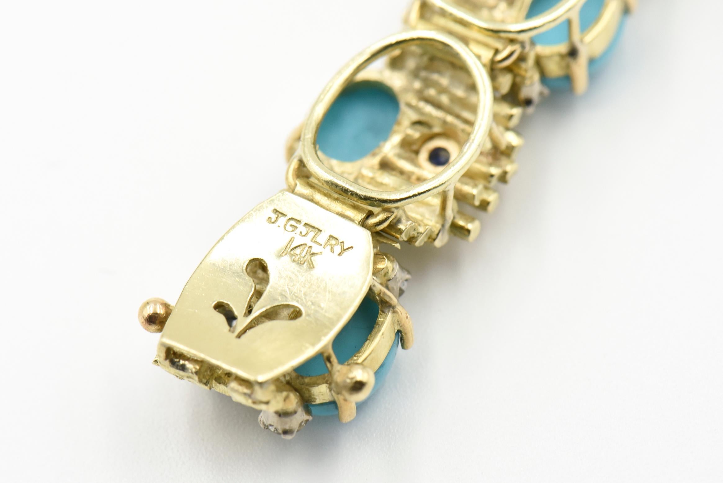 Modernist Turquoise, Sapphire, Diamond and Topaz Gold Bracelet 1