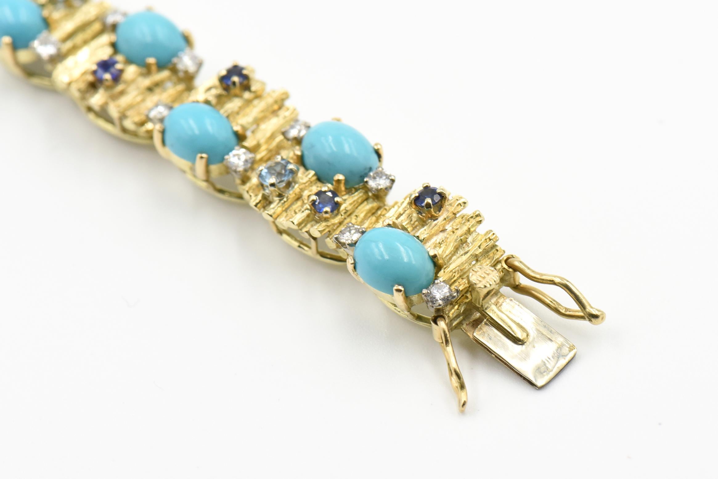 Modernist Turquoise, Sapphire, Diamond and Topaz Gold Bracelet 2