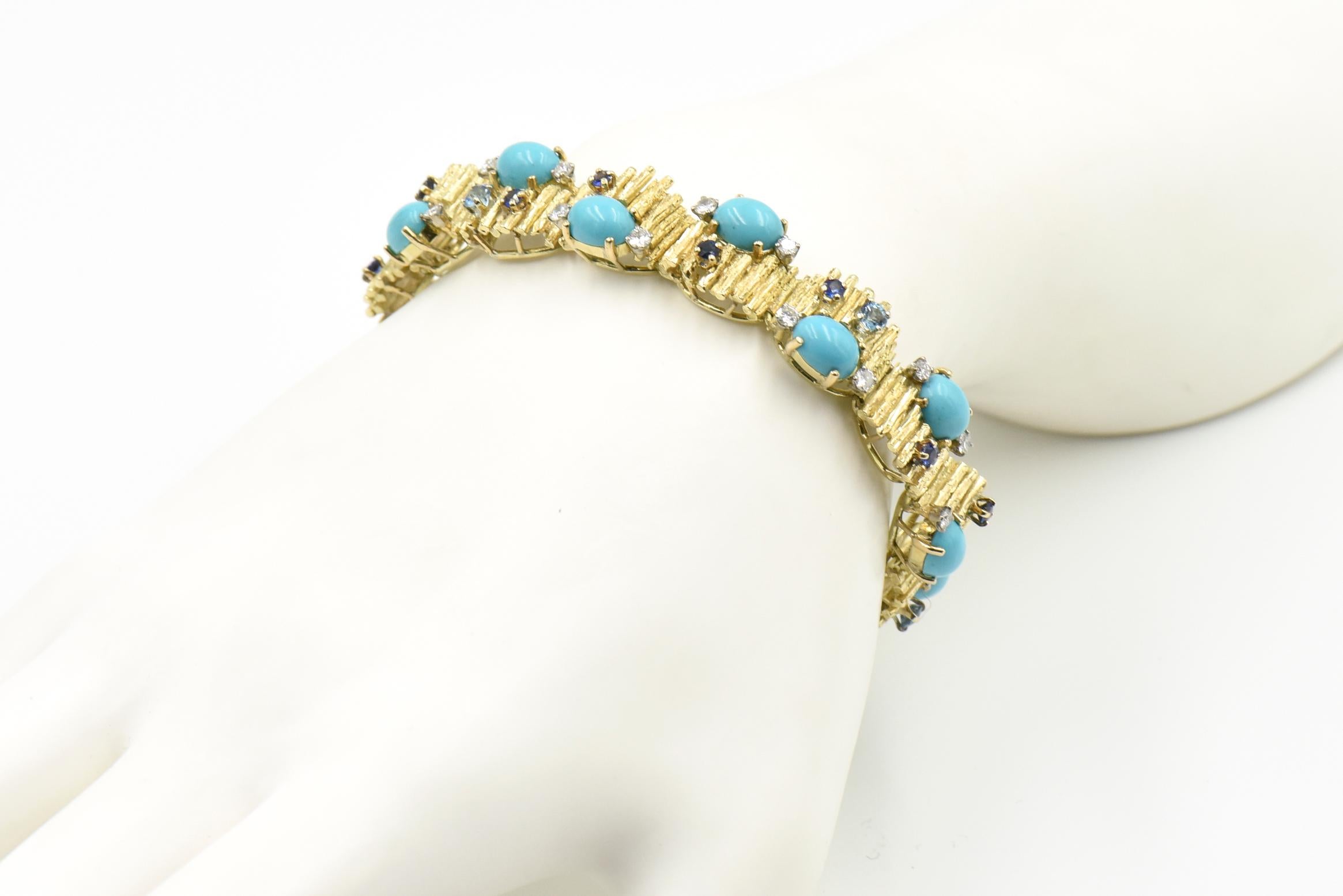 Modernist Turquoise, Sapphire, Diamond and Topaz Gold Bracelet 3