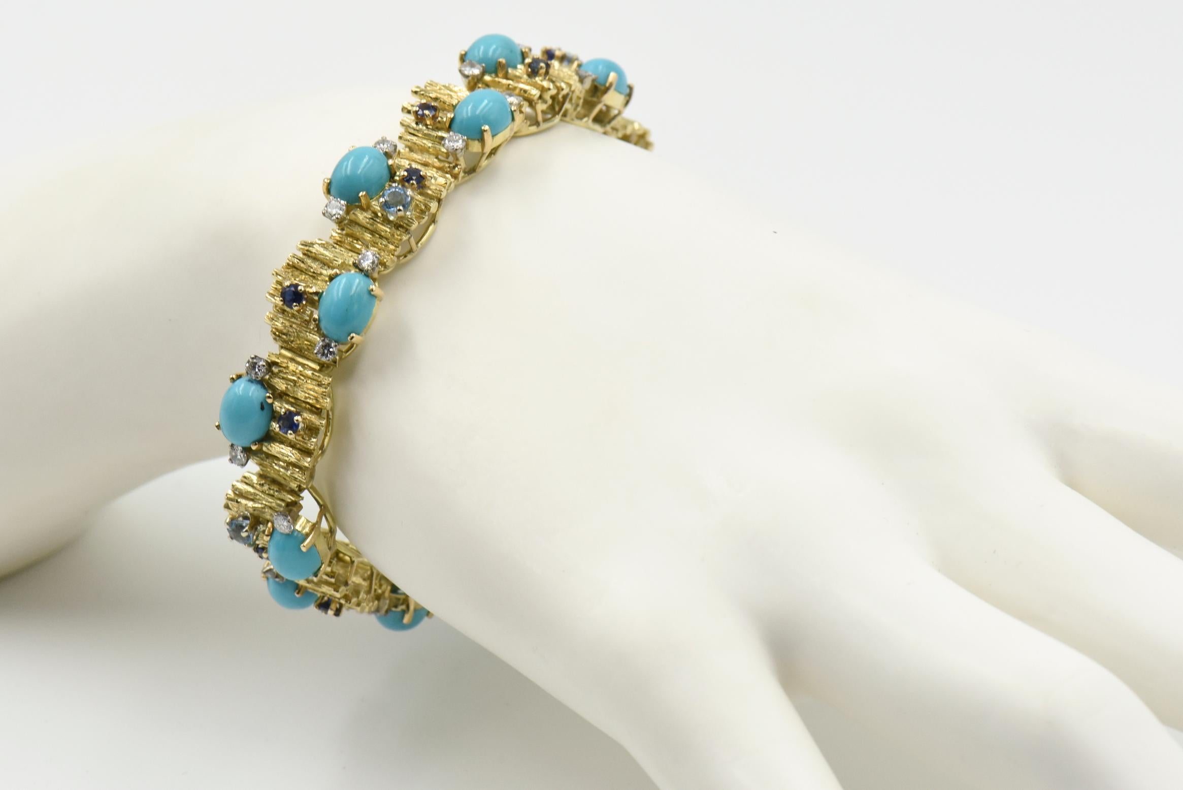 Modernist Turquoise, Sapphire, Diamond and Topaz Gold Bracelet 4